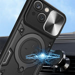 For iPhone 15 Rotating Kickstand PC+TPU Cover Slide Camera Shield Anti-scratch Phone Case