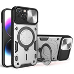 For iPhone 15 Rotating Kickstand PC+TPU Cover Slide Camera Shield Anti-scratch Phone Case