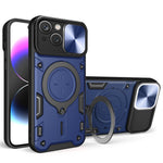 For iPhone 15 Rotating Kickstand PC+TPU Cover Slide Camera Shield Anti-scratch Phone Case