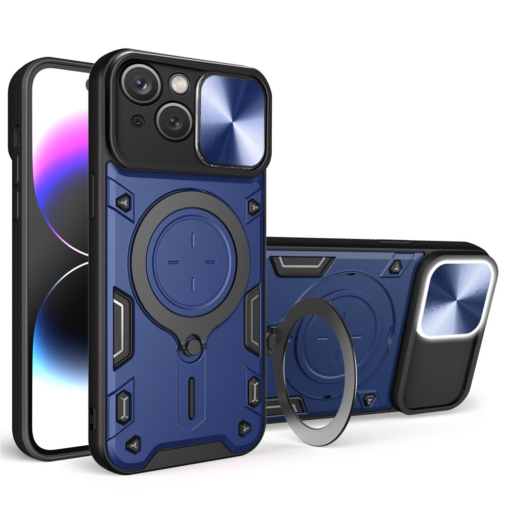 For iPhone 15 Rotating Kickstand PC+TPU Cover Slide Camera Shield Anti-scratch Phone Case