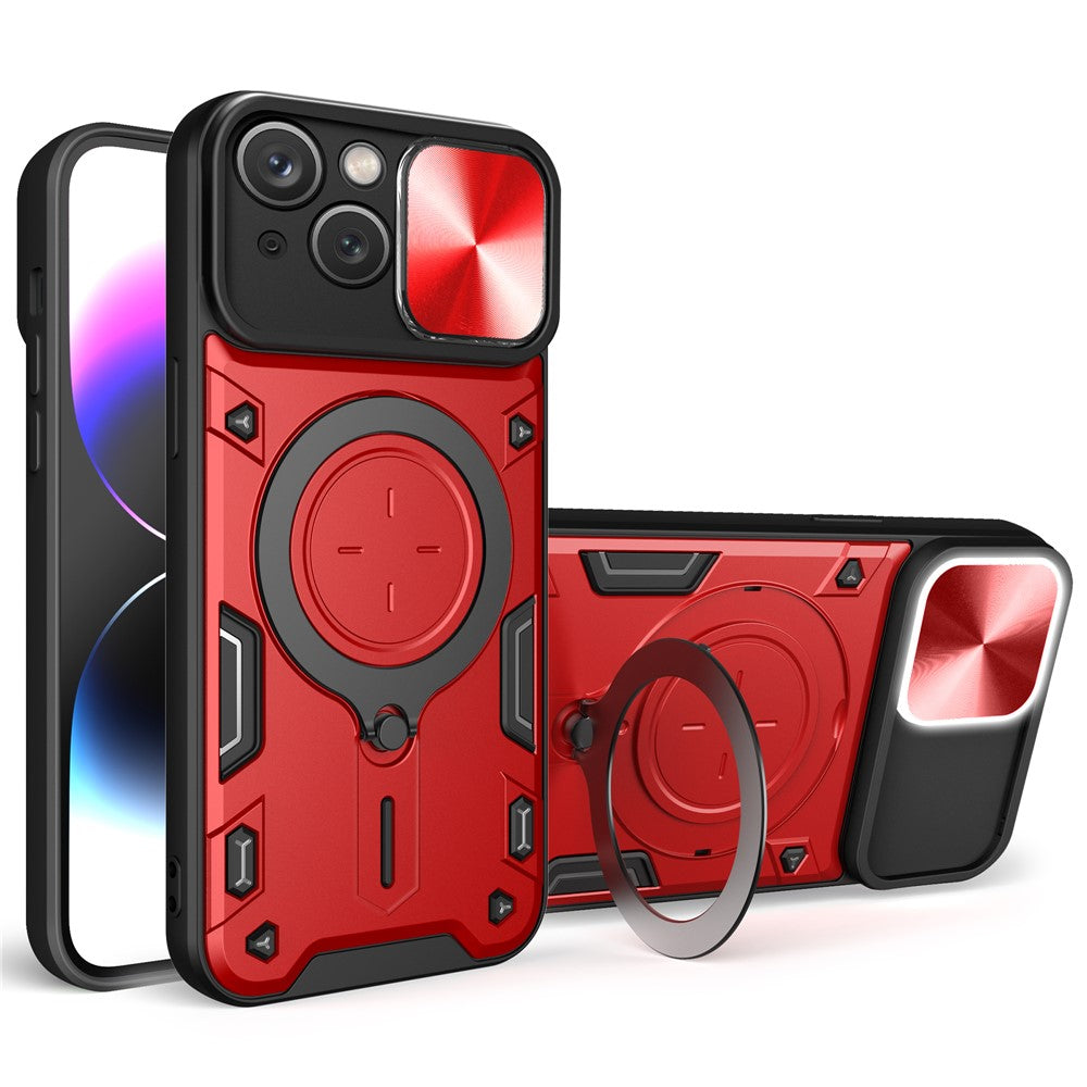 For iPhone 15 Rotating Kickstand PC+TPU Cover Slide Camera Shield Anti-scratch Phone Case