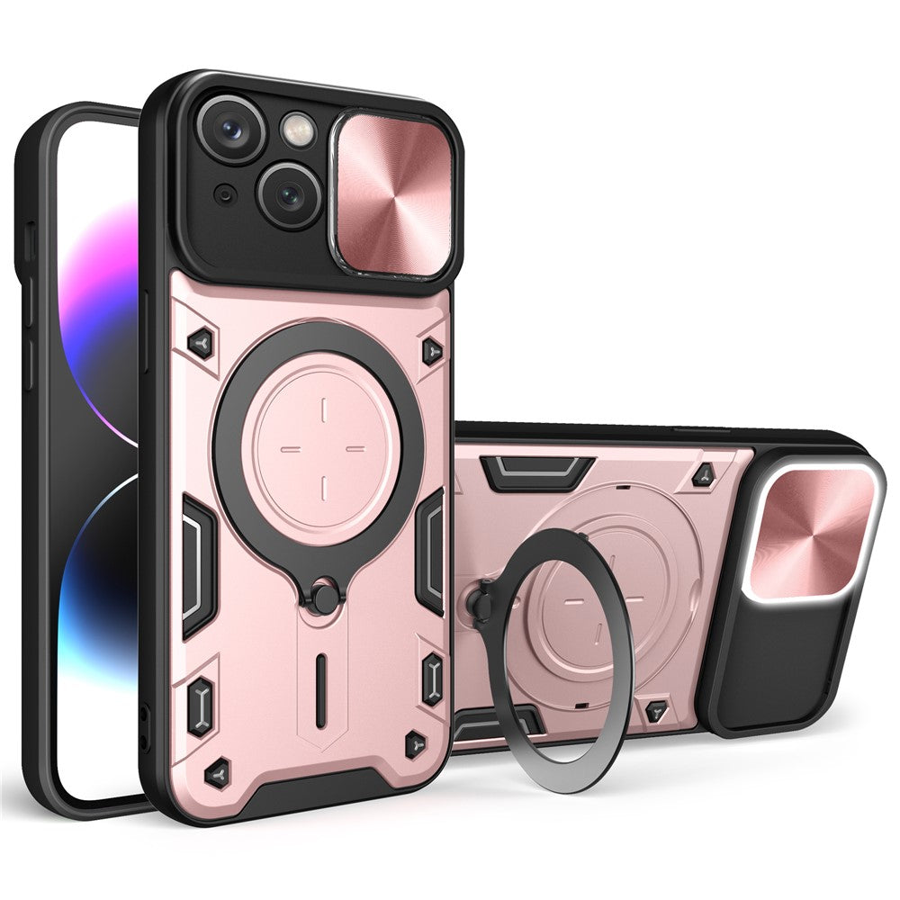 For iPhone 15 Rotating Kickstand PC+TPU Cover Slide Camera Shield Anti-scratch Phone Case