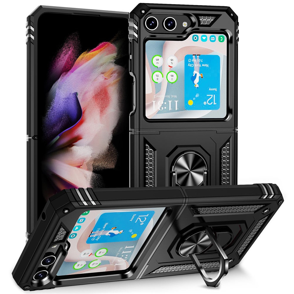 TPU+PC Phone Case for Samsung Galaxy Z Flip5 5G Ring Kickstand Anti-fall Cover with Car Mount Metal Sheet