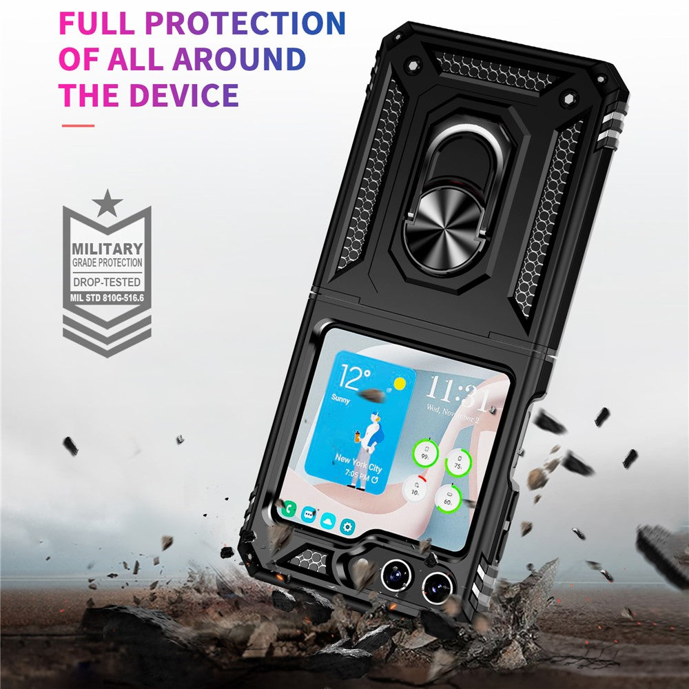 TPU+PC Phone Case for Samsung Galaxy Z Flip5 5G Ring Kickstand Anti-fall Cover with Car Mount Metal Sheet
