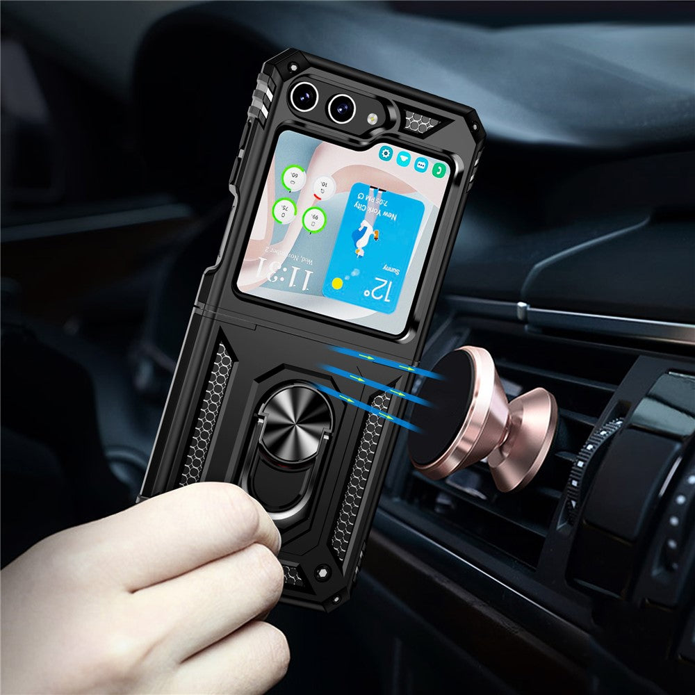 TPU+PC Phone Case for Samsung Galaxy Z Flip5 5G Ring Kickstand Anti-fall Cover with Car Mount Metal Sheet
