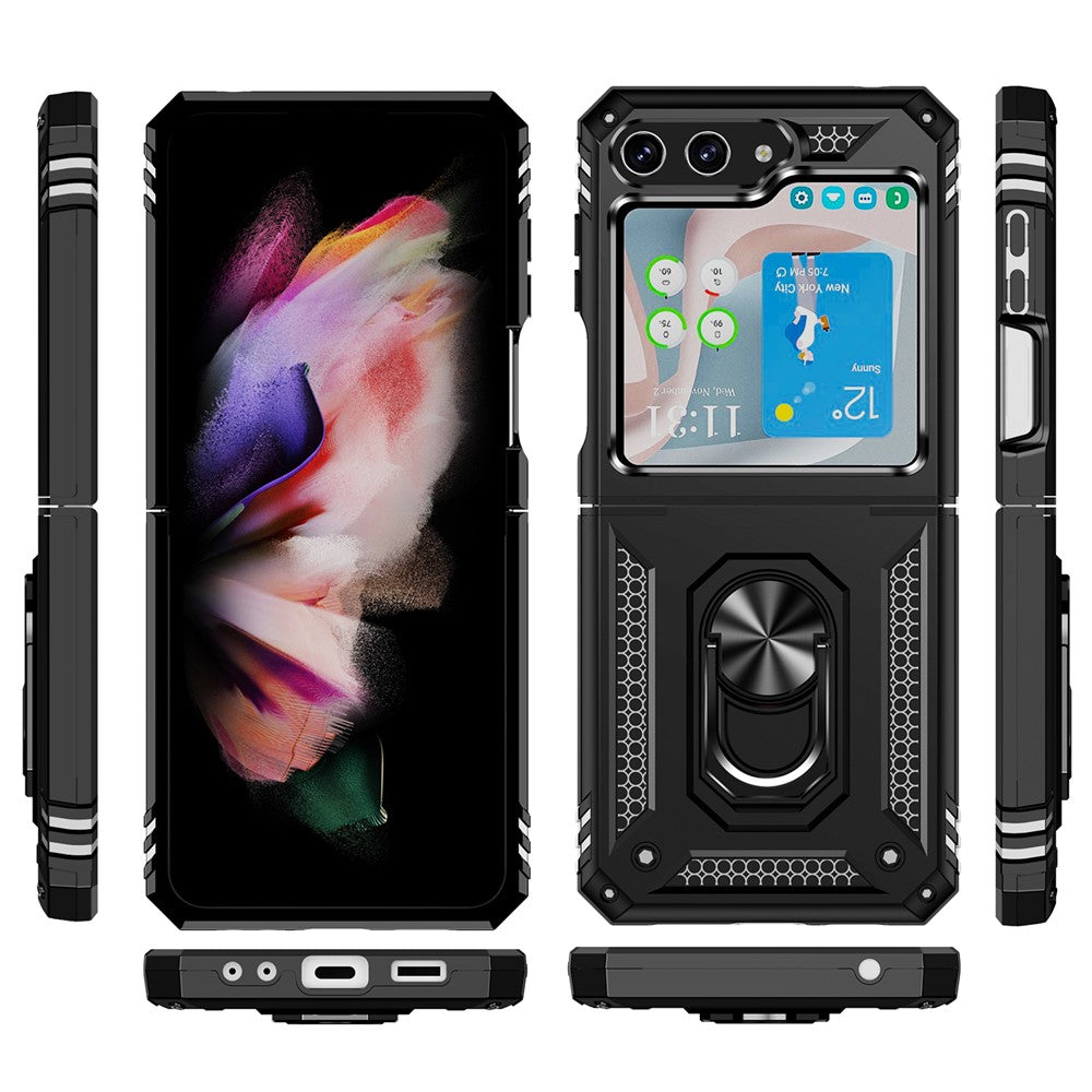 TPU+PC Phone Case for Samsung Galaxy Z Flip5 5G Ring Kickstand Anti-fall Cover with Car Mount Metal Sheet