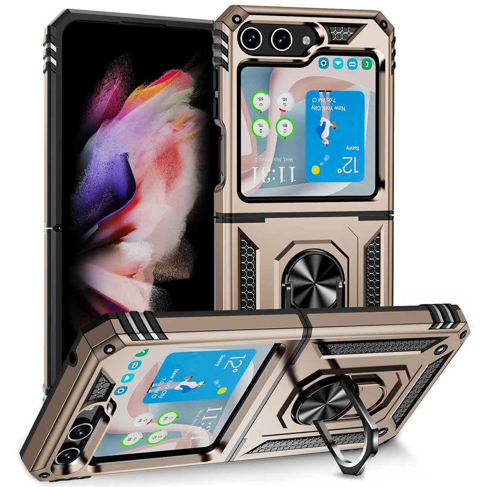 TPU+PC Phone Case for Samsung Galaxy Z Flip5 5G Ring Kickstand Anti-fall Cover with Car Mount Metal Sheet