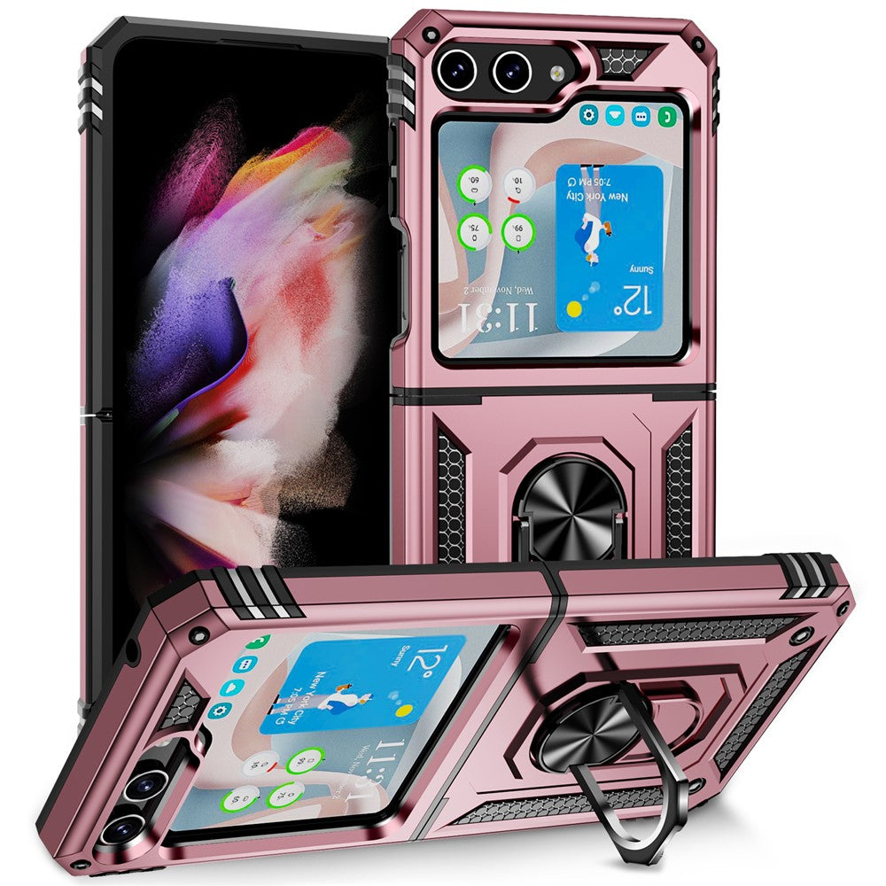 TPU+PC Phone Case for Samsung Galaxy Z Flip5 5G Ring Kickstand Anti-fall Cover with Car Mount Metal Sheet