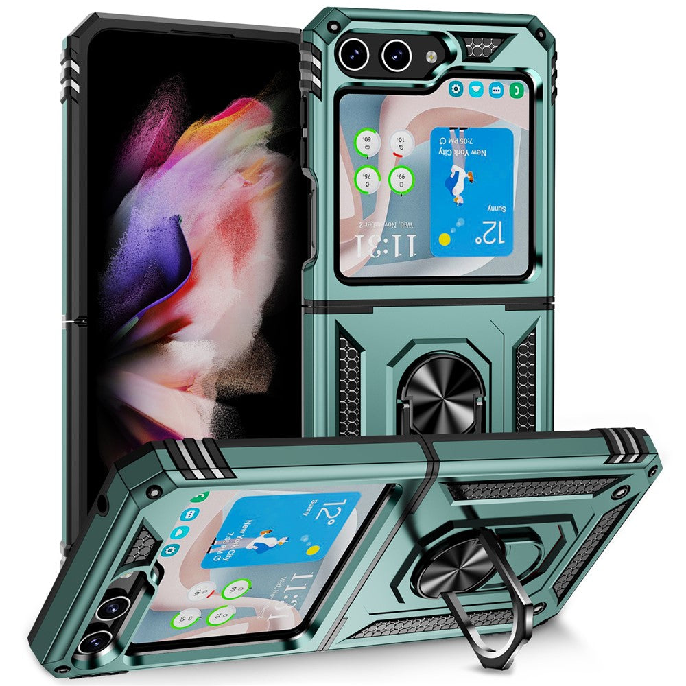 TPU+PC Phone Case for Samsung Galaxy Z Flip5 5G Ring Kickstand Anti-fall Cover with Car Mount Metal Sheet