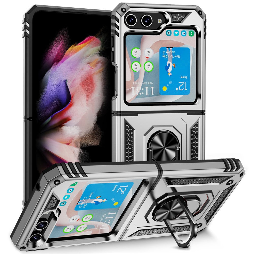 TPU+PC Phone Case for Samsung Galaxy Z Flip5 5G Ring Kickstand Anti-fall Cover with Car Mount Metal Sheet