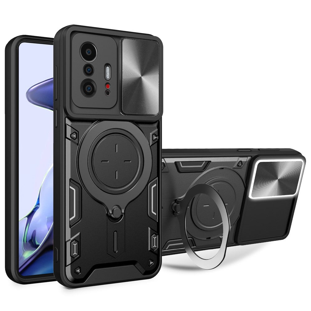 Xiaomi 11T 5G / 11T Pro 5G PC+TPU-skal med glidande kameraring, stativ, fallskyddande mobilskal