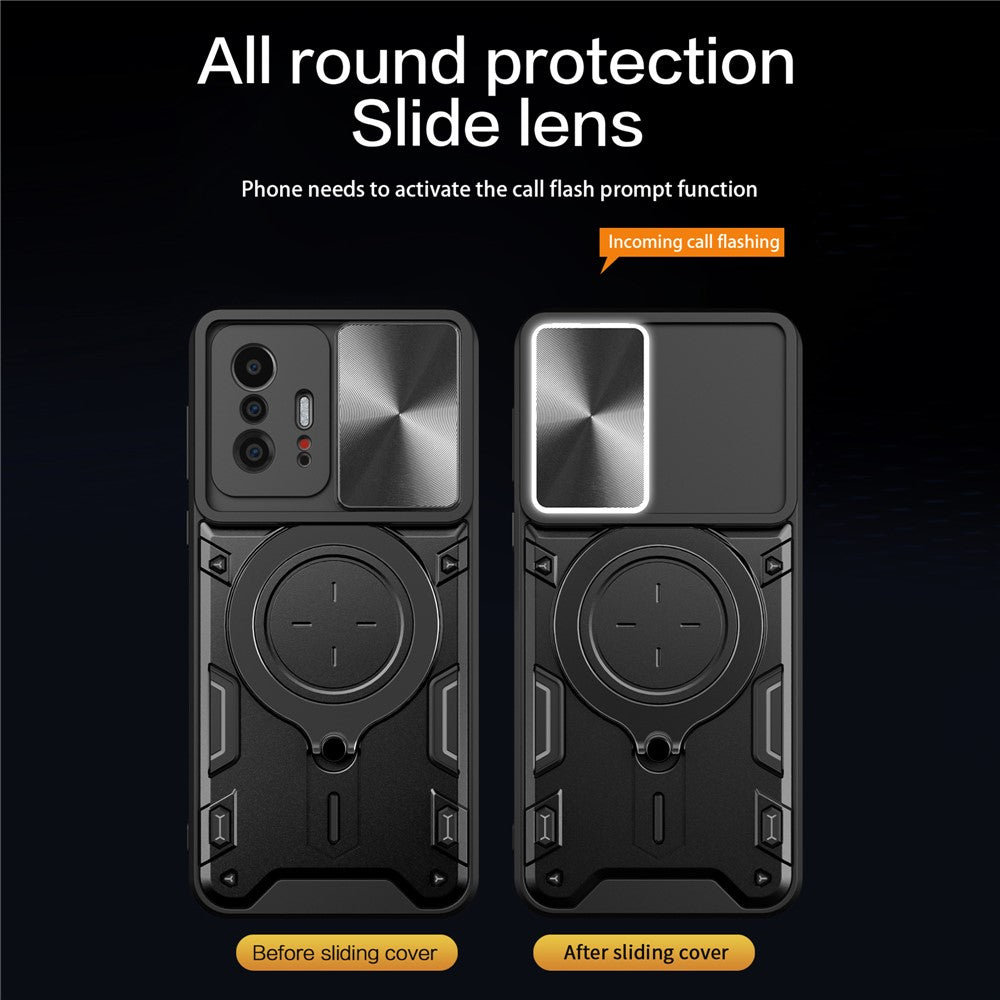 For Xiaomi 11T 5G / 11T Pro 5G PC+TPU Cover with Slide Camera Lid Ring Kickstand Anti-drop Phone Case