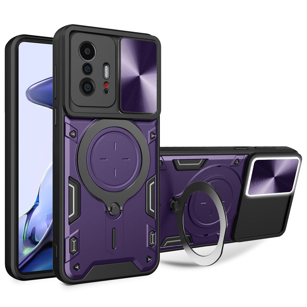 Xiaomi 11T 5G / 11T Pro 5G PC+TPU-skal med glidande kameraring, stativ, fallskyddande mobilskal
