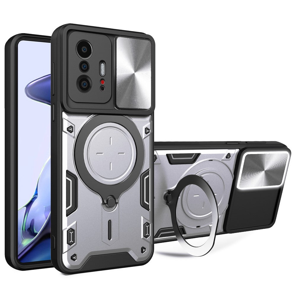 For Xiaomi 11T 5G / 11T Pro 5G PC+TPU Cover with Slide Camera Lid Ring Kickstand Anti-drop Phone Case