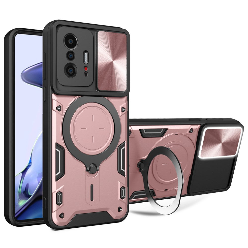 For Xiaomi 11T 5G / 11T Pro 5G PC+TPU Cover with Slide Camera Lid Ring Kickstand Anti-drop Phone Case