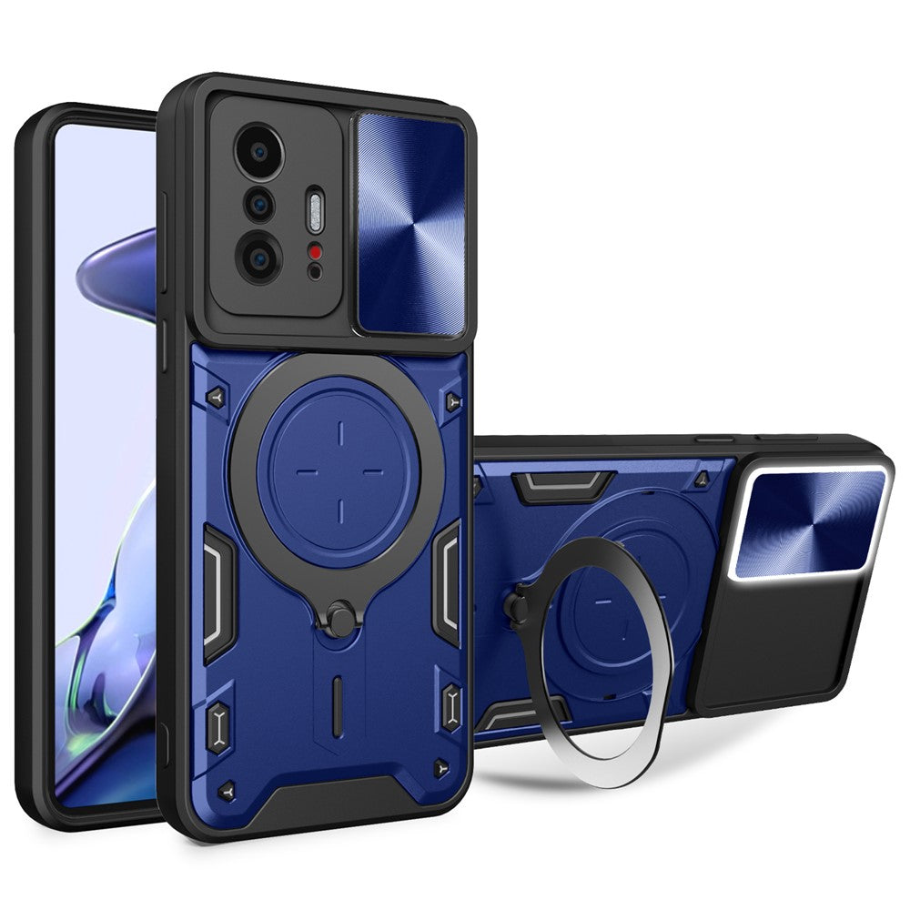 For Xiaomi 11T 5G / 11T Pro 5G PC+TPU Cover with Slide Camera Lid Ring Kickstand Anti-drop Phone Case