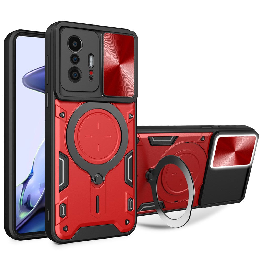 For Xiaomi 11T 5G / 11T Pro 5G PC+TPU Cover with Slide Camera Lid Ring Kickstand Anti-drop Phone Case