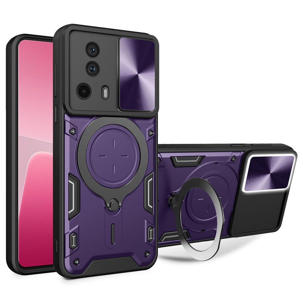 For Xiaomi 13 Lite / Civi 2 5G PC+TPU Shockproof Cover with Slide Camera Lid Ring Kickstand Phone Case