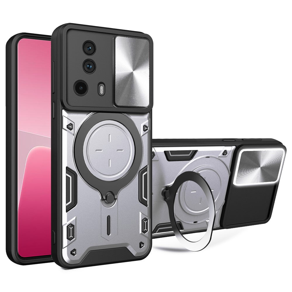 For Xiaomi 13 Lite / Civi 2 5G PC+TPU Shockproof Cover with Slide Camera Lid Ring Kickstand Phone Case