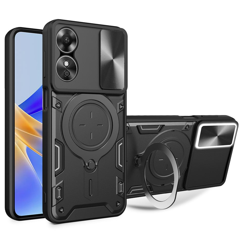 Drop-proof Cover for Oppo A17 4G / A17k 4G Slide Camera Lid PC+TPU Phone Case with Ring Kickstand
