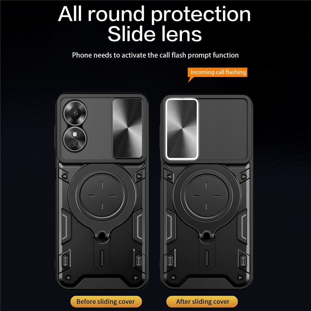 Drop-proof Cover for Oppo A17 4G / A17k 4G Slide Camera Lid PC+TPU Phone Case with Ring Kickstand