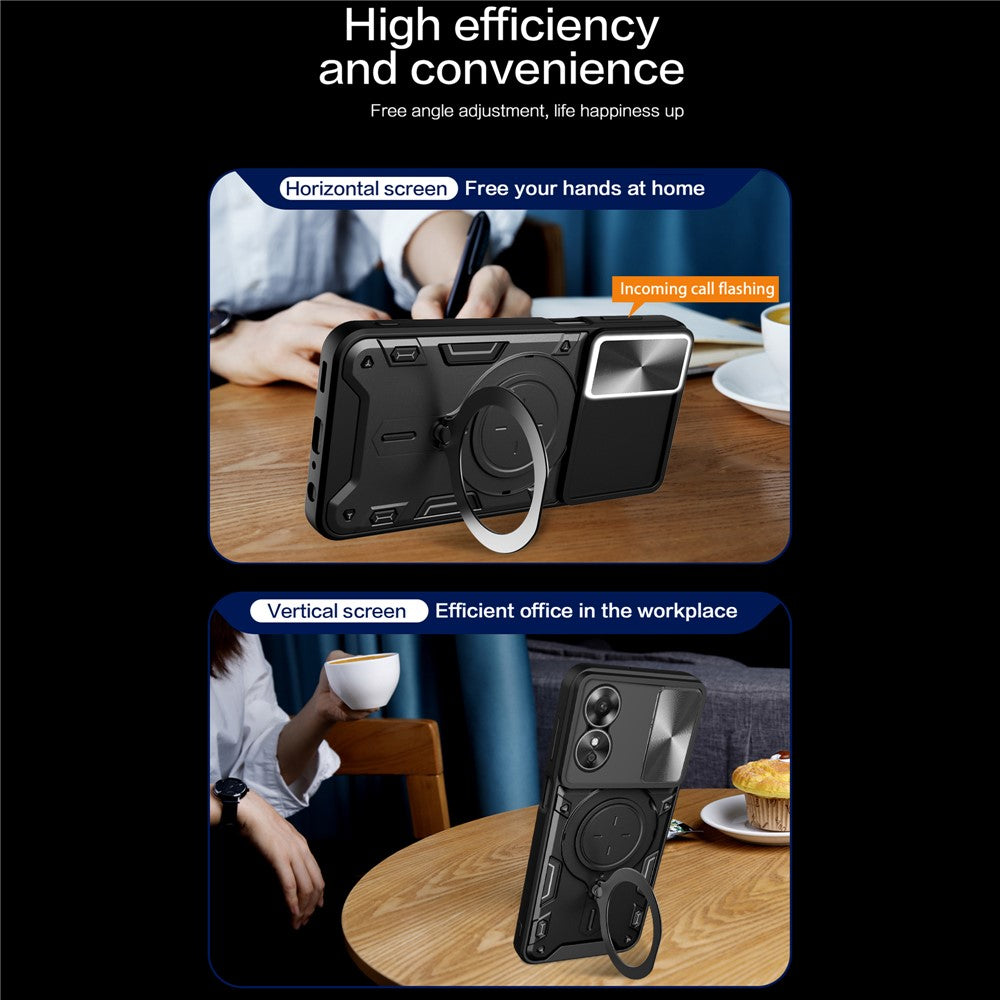 Drop-proof Cover for Oppo A17 4G / A17k 4G Slide Camera Lid PC+TPU Phone Case with Ring Kickstand
