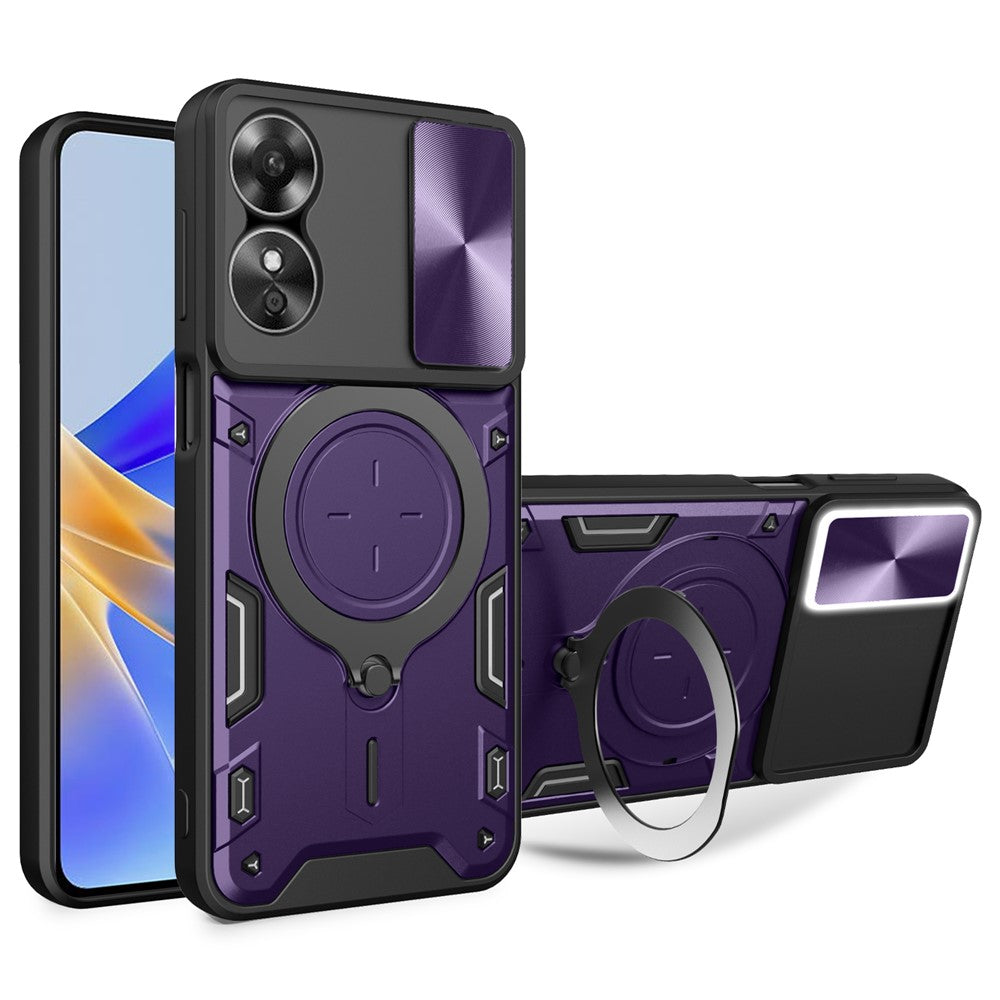 Drop-proof Cover for Oppo A17 4G / A17k 4G Slide Camera Lid PC+TPU Phone Case with Ring Kickstand