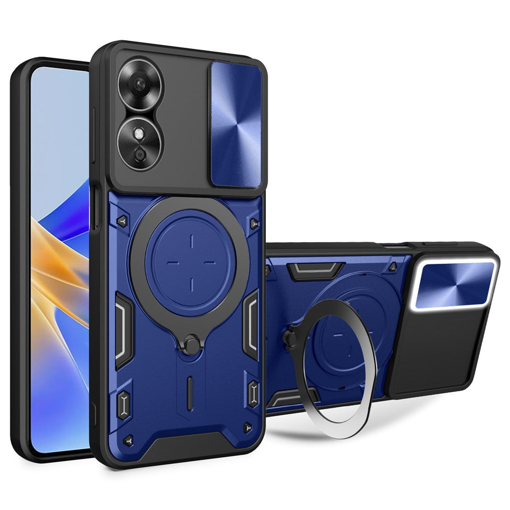 Drop-proof Cover for Oppo A17 4G / A17k 4G Slide Camera Lid PC+TPU Phone Case with Ring Kickstand