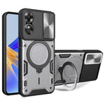 Drop-proof Cover for Oppo A17 4G / A17k 4G Slide Camera Lid PC+TPU Phone Case with Ring Kickstand