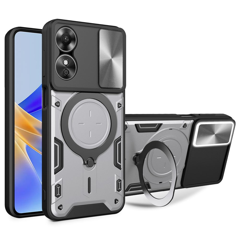 Drop-proof Cover for Oppo A17 4G / A17k 4G Slide Camera Lid PC+TPU Phone Case with Ring Kickstand