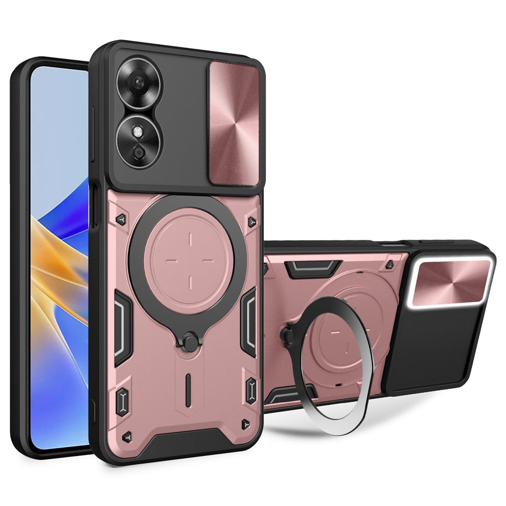 Drop-proof Cover for Oppo A17 4G / A17k 4G Slide Camera Lid PC+TPU Phone Case with Ring Kickstand