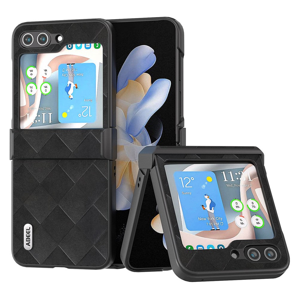 ABEEL För Samsung Galaxy Z Flip5 5G Läderbelagt PC-mobilskal Rutstruktur Gångjärnsdesign mobilskal