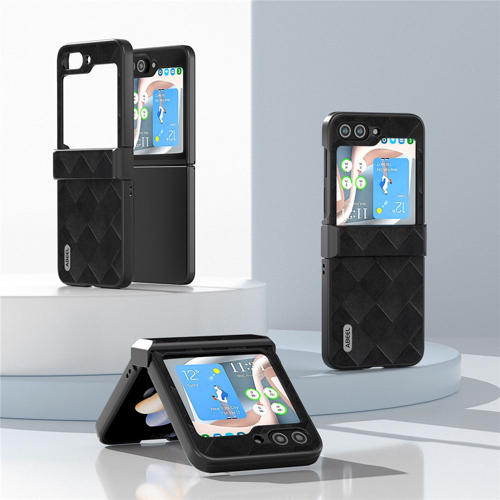 ABEEL För Samsung Galaxy Z Flip5 5G Läderbelagt PC-mobilskal Rutstruktur Gångjärnsdesign mobilskal