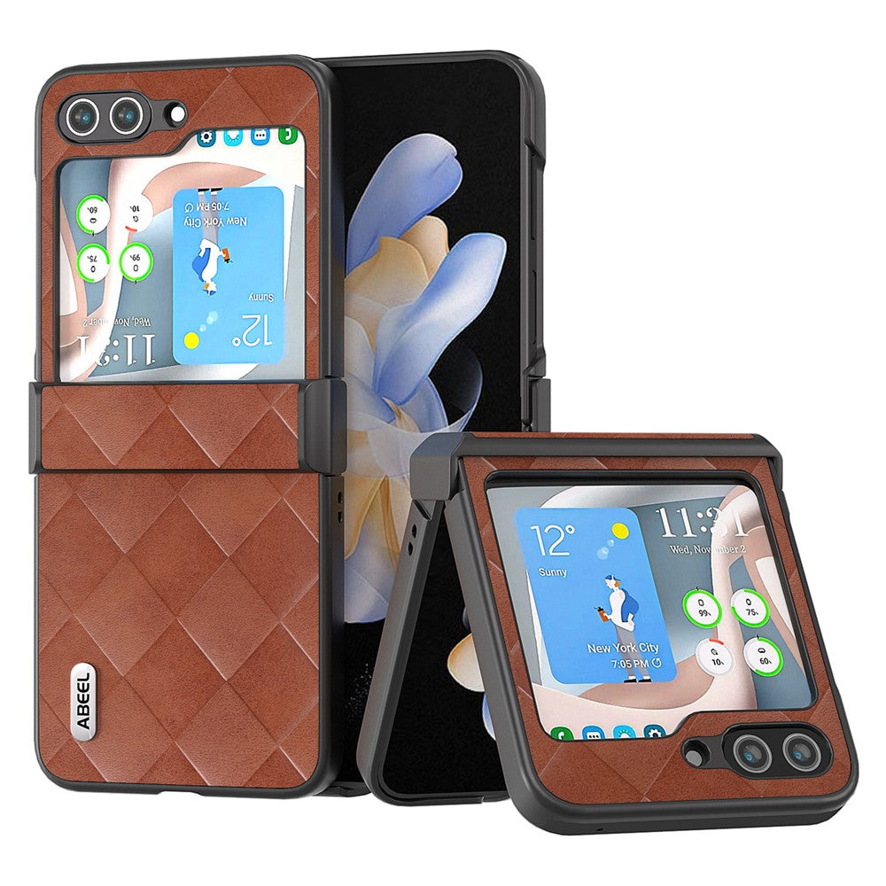 ABEEL För Samsung Galaxy Z Flip5 5G Läderbelagt PC-mobilskal Rutstruktur Gångjärnsdesign mobilskal