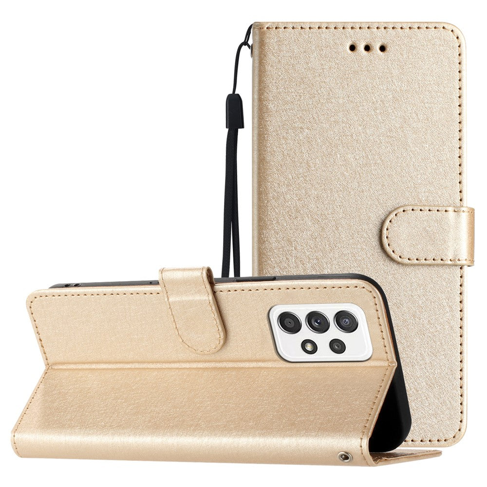 For Samsung Galaxy A52 4G / 5G / A52s 5G PU Leather Flip Stand Cover Silk Texture Phone Wallet Case with Hand Strap