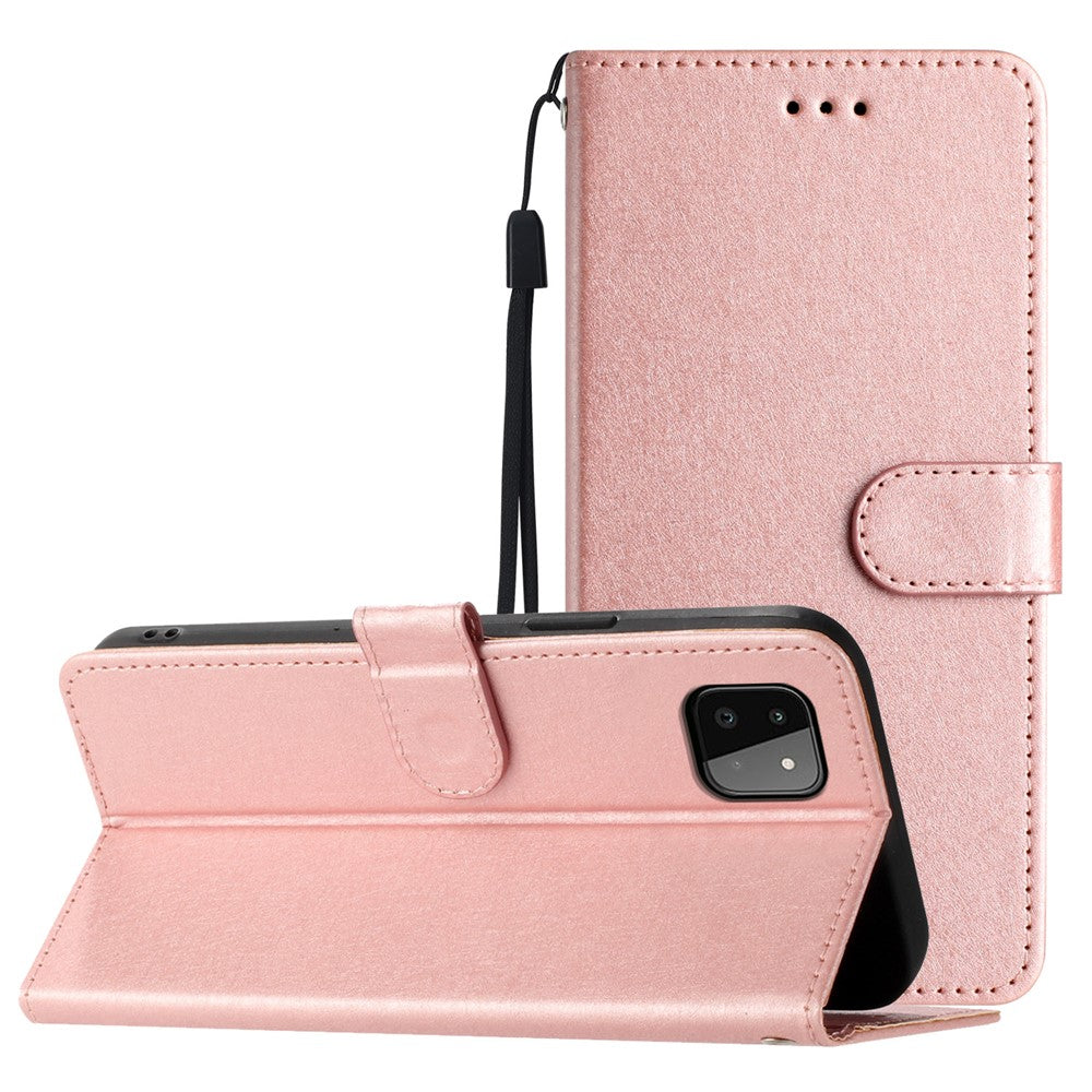 Telefonpungetui til Samsung Galaxy A22 5G (EU Version) PU Læder Stand Cover Håndrem Silke Tekstur Flip Etui