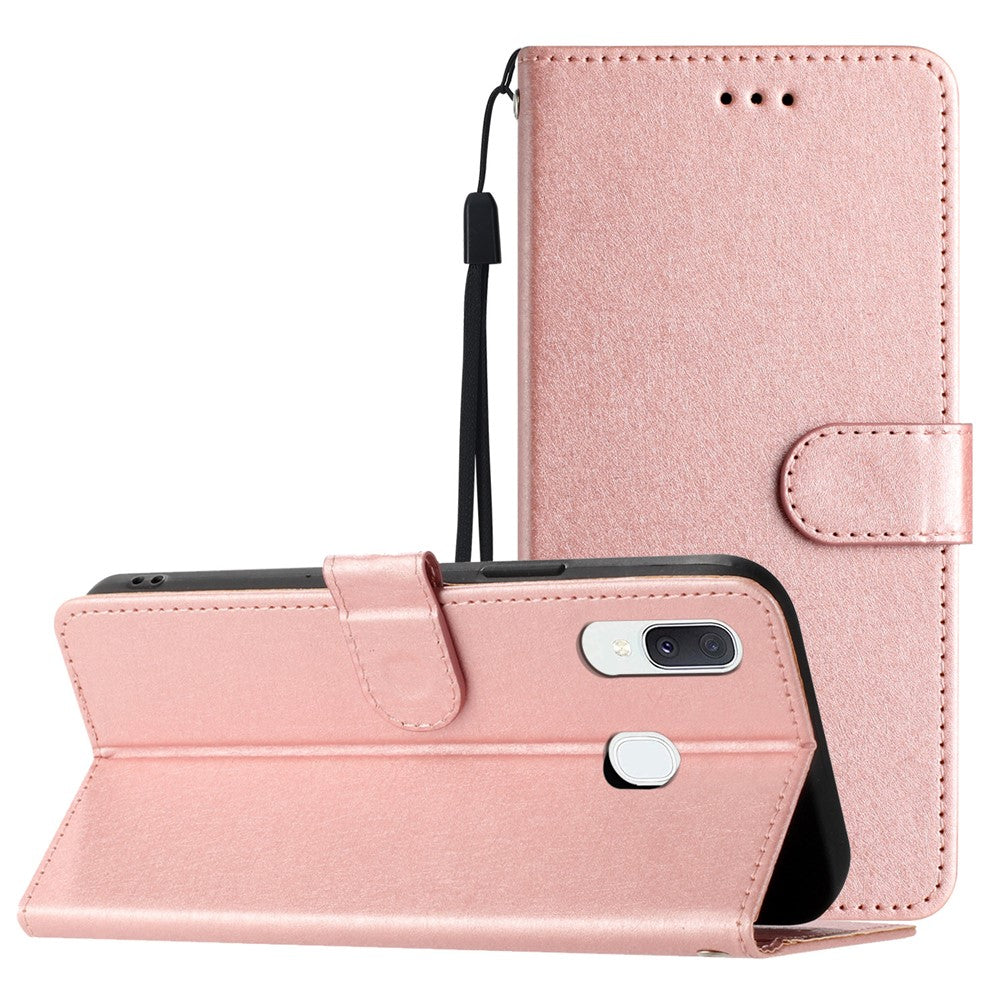 For Samsung Galaxy A40 Wallet Case Phone Stand Cover Silk Texture PU Leather Shell with Hand Strap