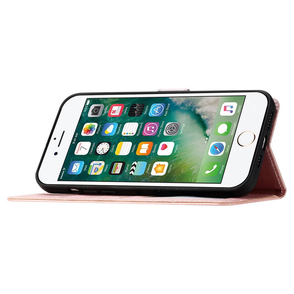 For iPhone 6 / 6s / 7 / 8 / SE (2020) / SE (2022) Phone Stand PU Leather Cover Silk Texture Wallet Case with Wrist Strap