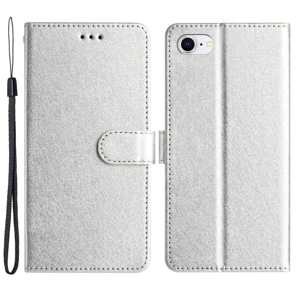 For iPhone 6 / 6s / 7 / 8 / SE (2020) / SE (2022) Phone Stand PU Leather Cover Silk Texture Wallet Case with Wrist Strap
