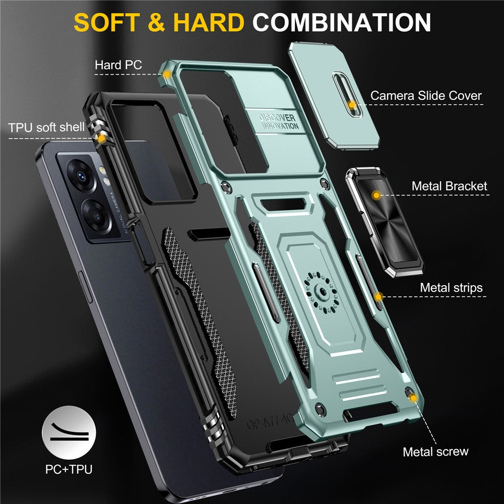 Armor Series For Oppo A77 4G / A54 4G Slide Lens Protection Phone Case PC+TPU Anti-drop Kickstand Cover