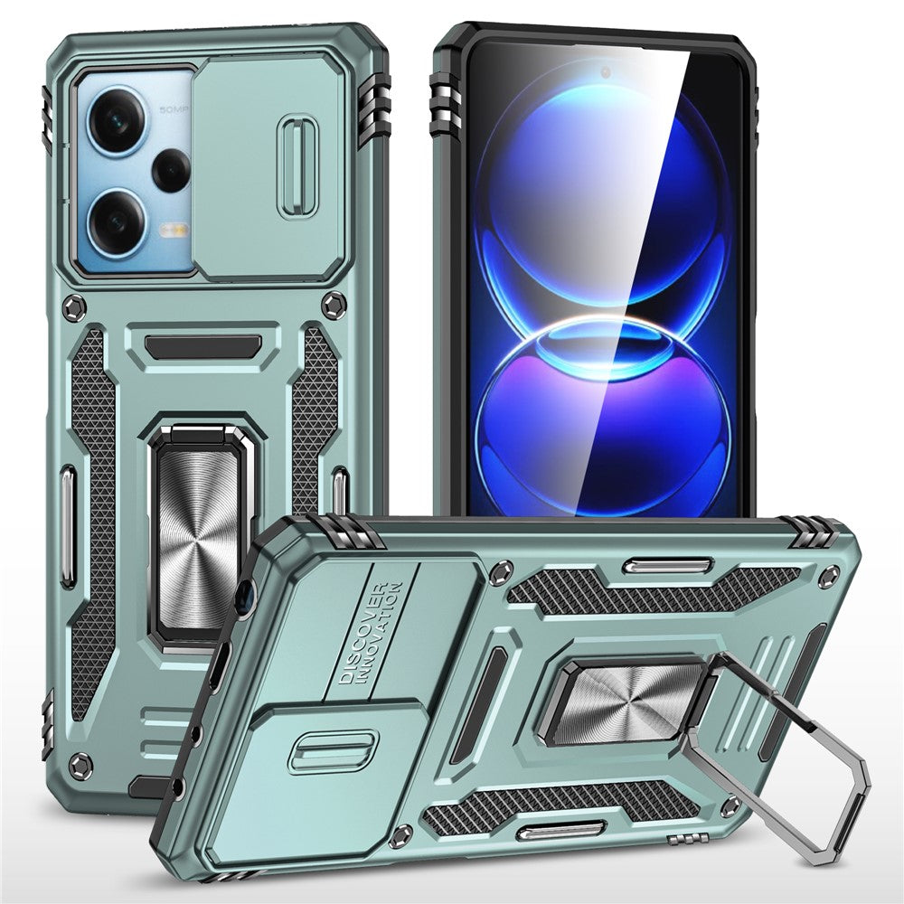 Xiaomi Redmi Note 12 5G (Global) / (Indien) / (Kina) / Poco X5 5G Skjutbart linslock PC+TPU mobilskal Stativ Baksida