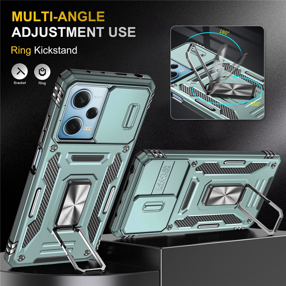 For Xiaomi Redmi Note 12 5G (Global) / (India) / (China) / Poco X5 5G Slide Lens Lid PC+TPU Phone Case Kickstand Back Cover