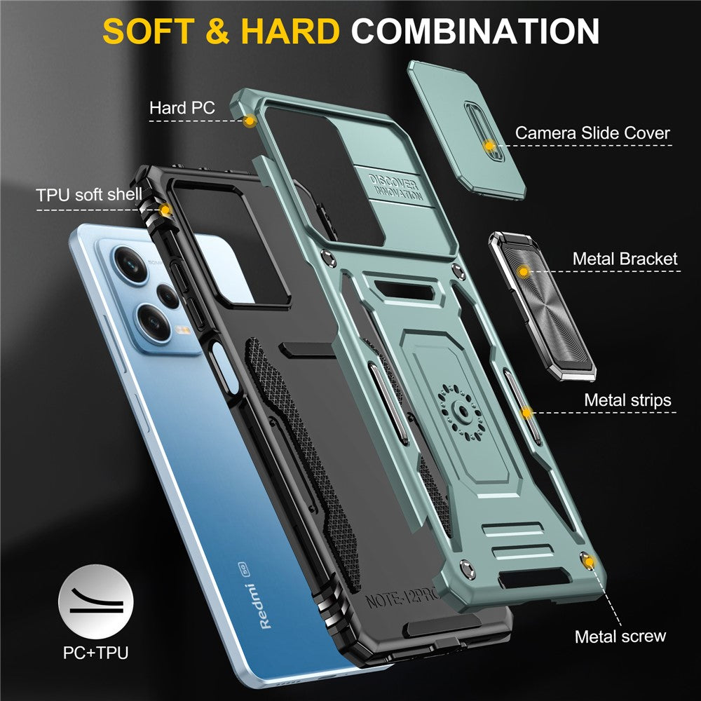 For Xiaomi Redmi Note 12 5G (Global) / (India) / (China) / Poco X5 5G Slide Lens Lid PC+TPU Phone Case Kickstand Back Cover