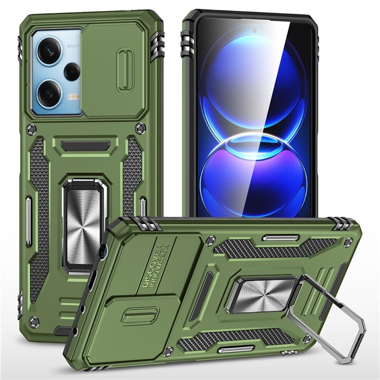 Xiaomi Redmi Note 12 5G (Global) / (Indien) / (Kina) / Poco X5 5G Skjutbart linslock PC+TPU mobilskal Stativ Baksida