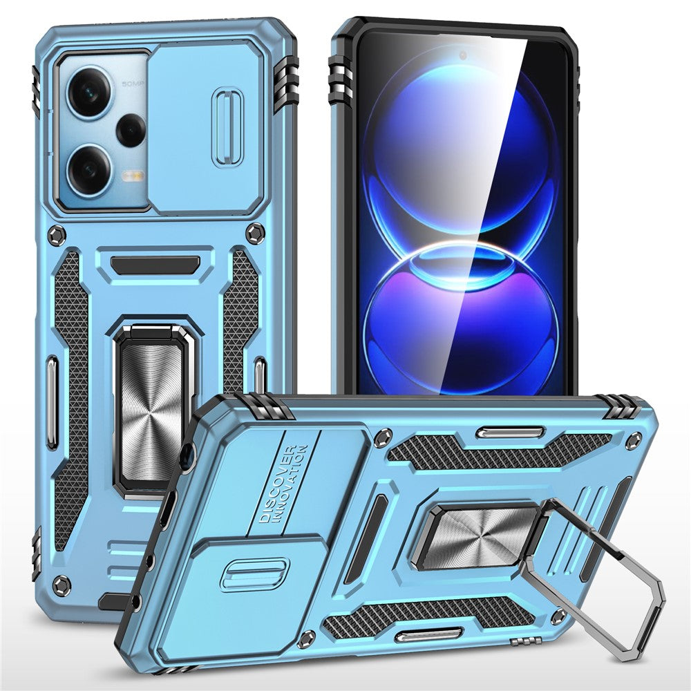 For Xiaomi Redmi Note 12 5G (Global) / (India) / (China) / Poco X5 5G Slide Lens Lid PC+TPU Phone Case Kickstand Back Cover