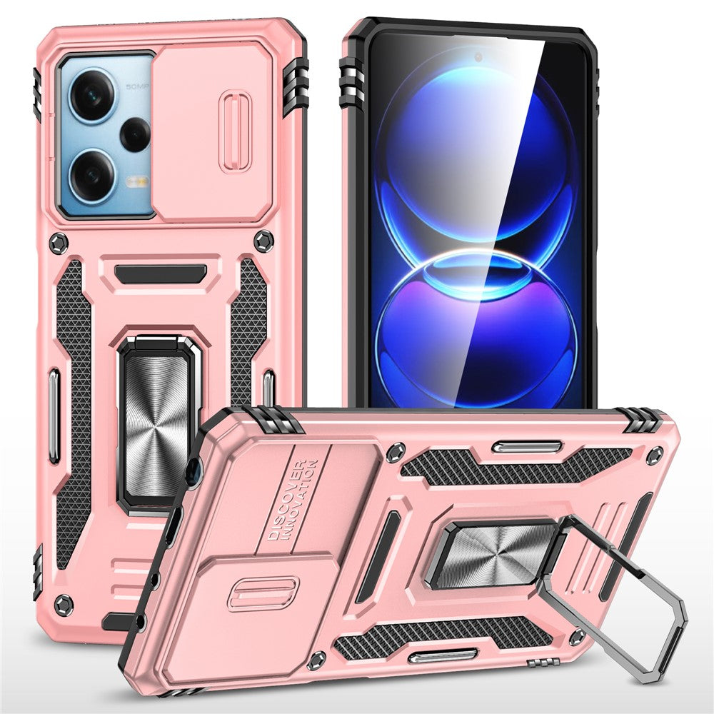 Xiaomi Redmi Note 12 5G (Global) / (Indien) / (Kina) / Poco X5 5G Skjutbart linslock PC+TPU mobilskal Stativ Baksida