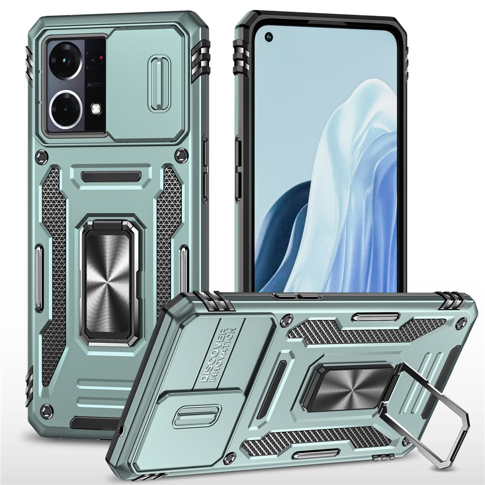 For Oppo Reno7 4G Armor Series Drop-proof PC+TPU Cover Kickstand Phone Case with Slide Lens Lid