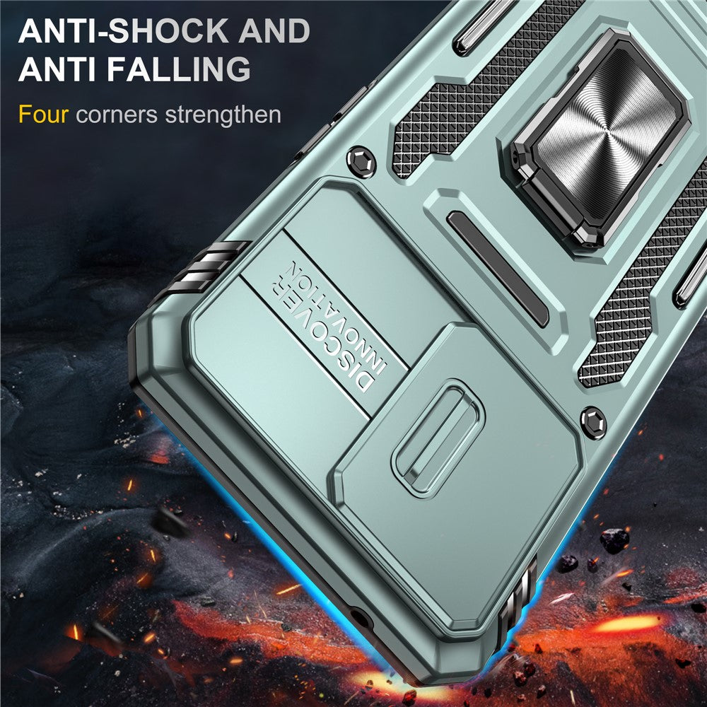For Oppo Reno7 4G Armor Series Drop-proof PC+TPU Cover Kickstand Phone Case with Slide Lens Lid