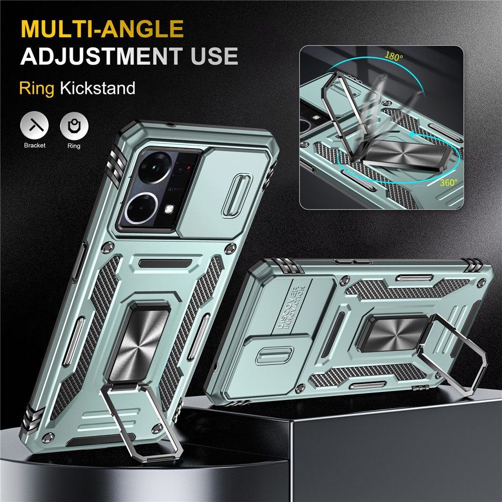For Oppo Reno7 4G Armor Series Drop-proof PC+TPU Cover Kickstand Phone Case with Slide Lens Lid