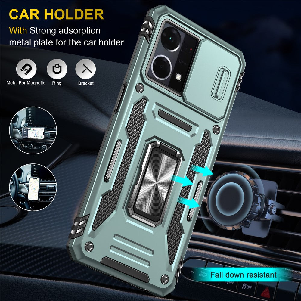 For Oppo Reno7 4G Armor Series Drop-proof PC+TPU Cover Kickstand Phone Case with Slide Lens Lid